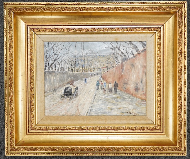 After Attilio Pratella (Italian, 1856-1949), oil on canvas laid on board, Street scene, signed, 17 x 23.5cm. Condition - fair